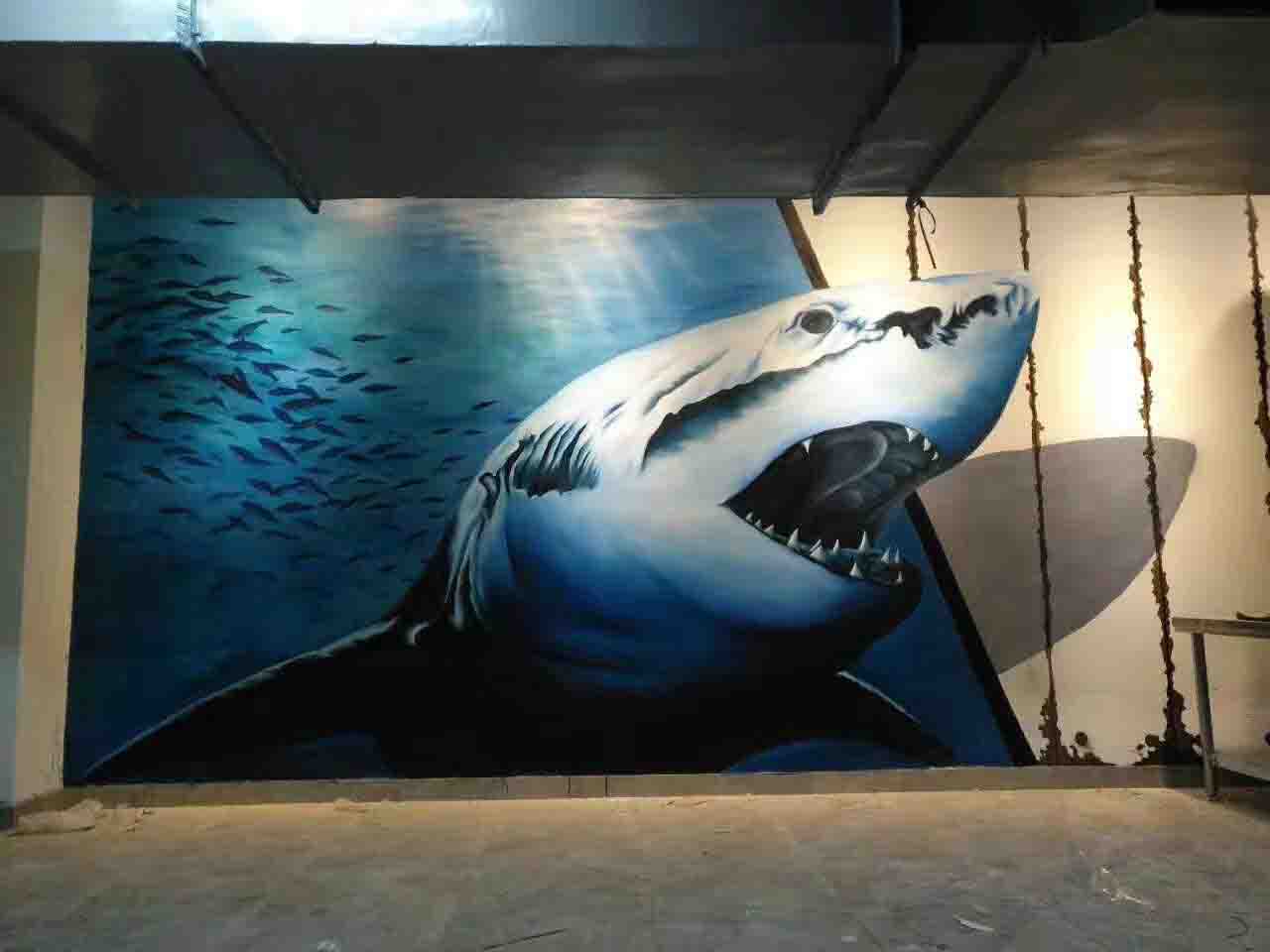 海洋馆儿童乐园工装室内鲨鱼3D画立体壁画墙绘彩绘涂鸦示意图
