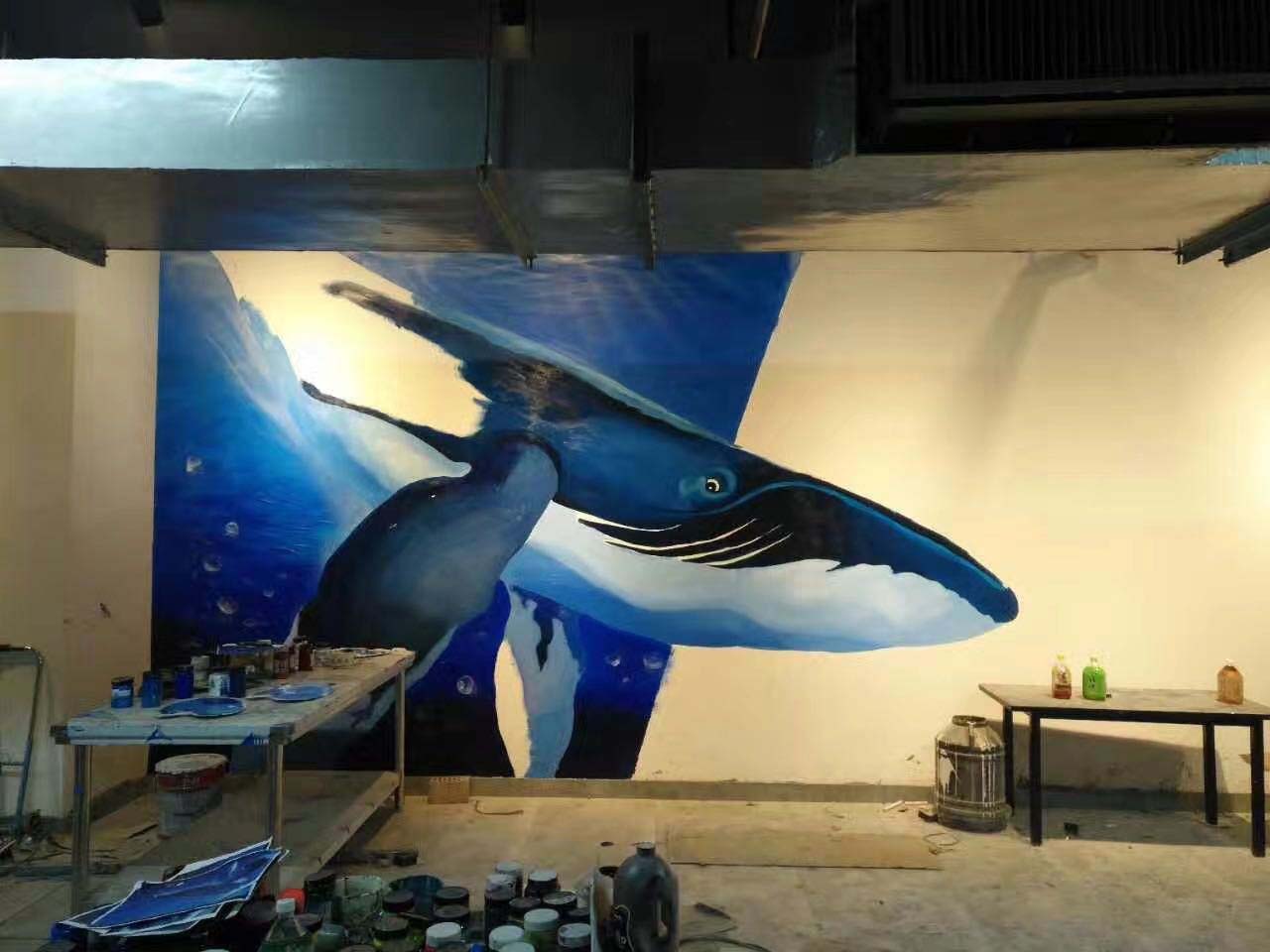 海洋馆儿童乐园工装室内蓝鲸3D画立体壁画墙绘彩绘涂鸦示意图