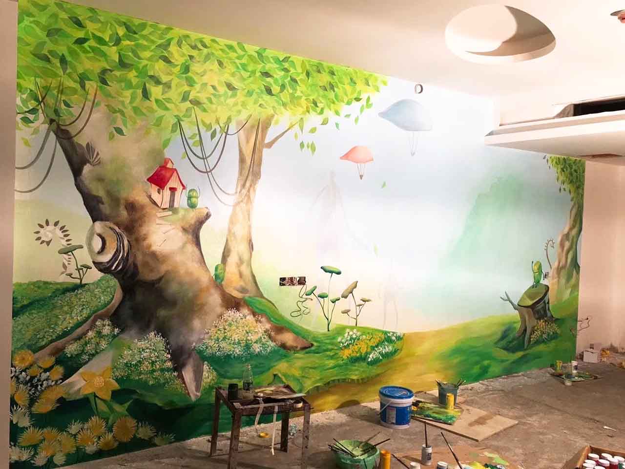 幼儿校园动物园游乐场卡通大树墙绘壁画彩绘涂鸦手绘成都澜泉文化