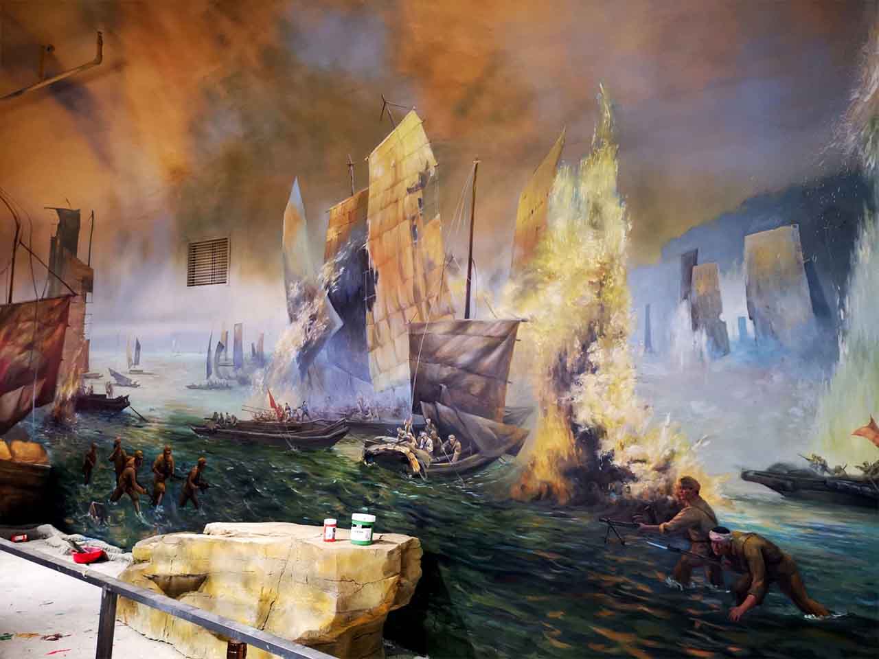 博物馆纪念馆展厅解放海南海战场景还原画墙绘壁画彩绘涂鸦手绘示意图