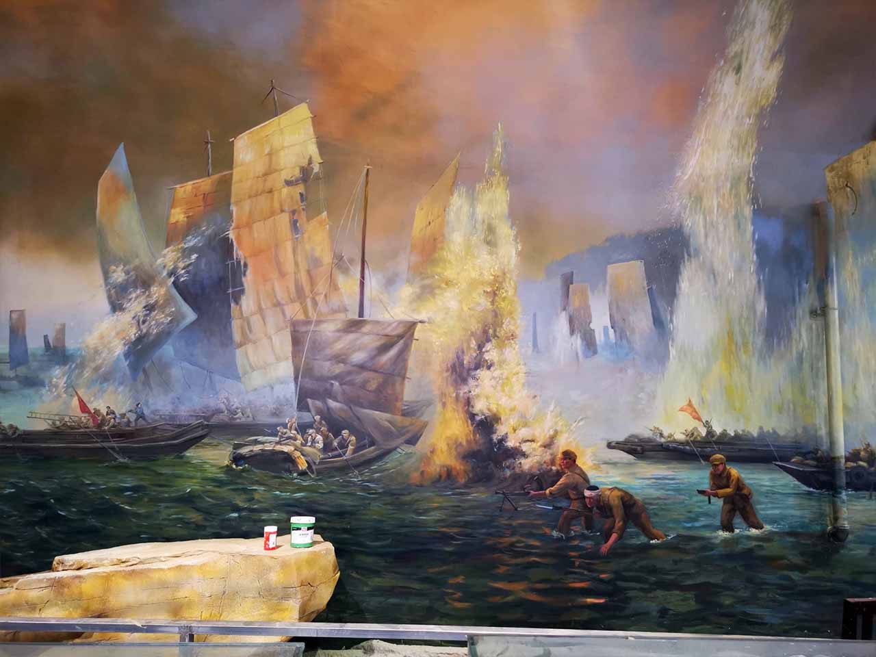博物馆纪念馆展厅解放海南海战场景还原画墙绘壁画彩绘涂鸦手绘示意图