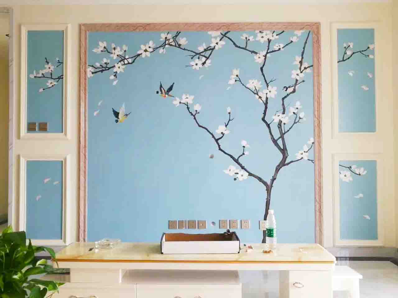 家装客厅背景墙花鸟工笔画壁画彩绘涂鸦手绘示意图