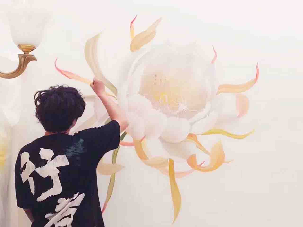 家装工装KTV酒店会所网吧超写实花朵墙绘壁画彩绘涂鸦手绘示意图