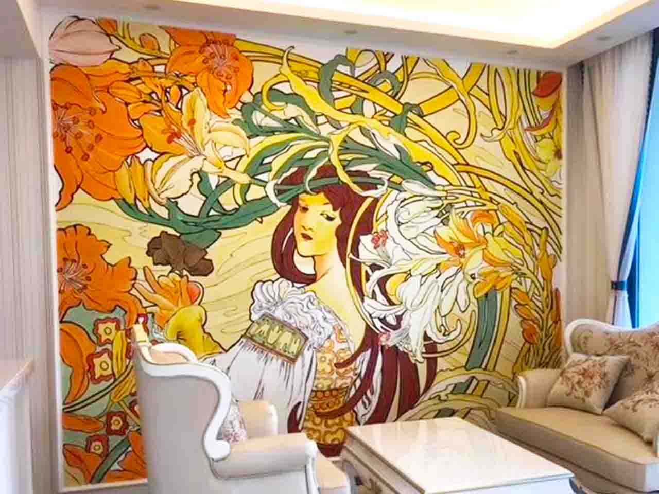家装工装KTV酒店会所网吧美容院工笔画花朵人物墙绘壁画彩绘涂鸦手绘示意图