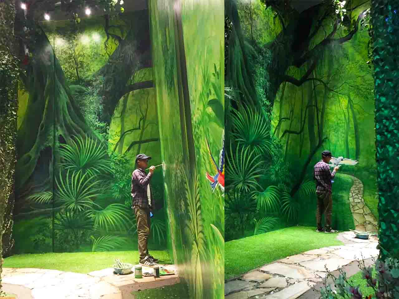 露营儿童乐园超写实森林大树墙绘壁画彩绘涂鸦手绘示意图