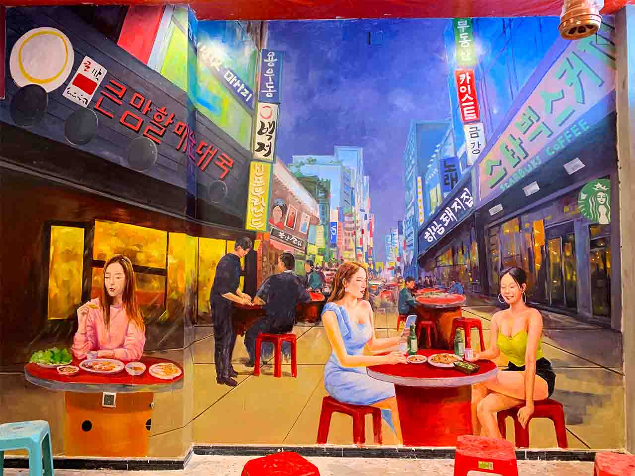 烤肉店餐饮超写实韩国建筑物人物墙绘壁画彩绘涂鸦手绘成都澜泉文化
