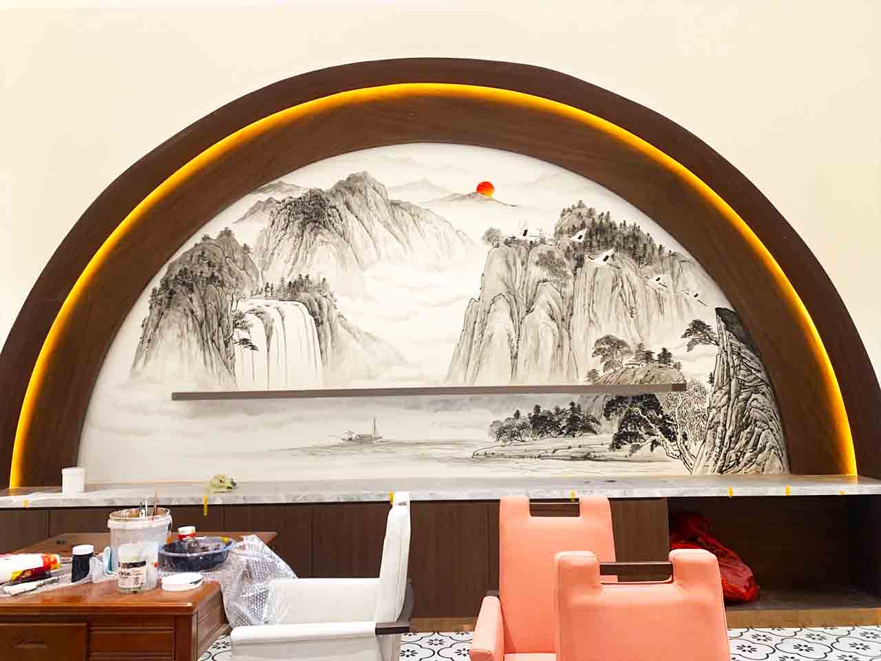 美丽乡村社区振新乡村文化墙酒店银行售楼部国画墙绘壁画彩绘涂鸦手绘示意图